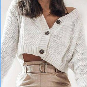 New Chic Women Cropped Ribbed Cuffs V-Neck Cardigan